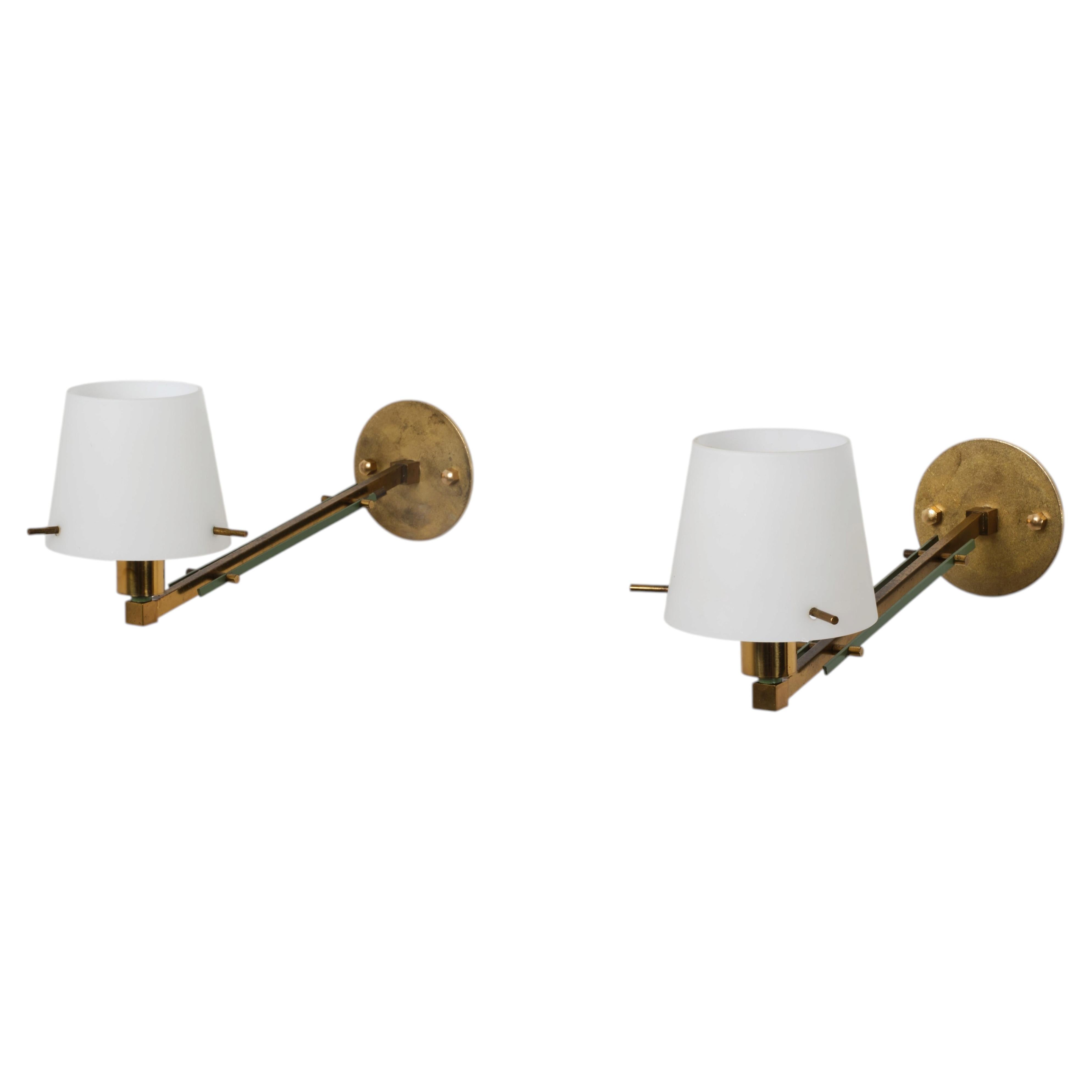 Pair of 1950s Italian Brass, Green Metal and Opaline Glass Wall Sconces