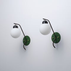 Pair of 1950s Italian Sculptural Wall Lights in Brass, Green and Opaline Glass