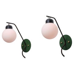 Pair of 1950s Italian Sculptural Wall Lights in Brass, Green and Opaline Glass