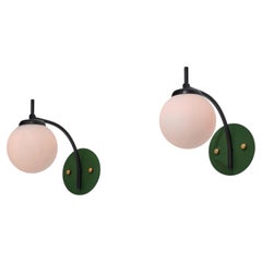 1950s Italian Curved Wall Sconces with Opaline Globes and Green Backplates