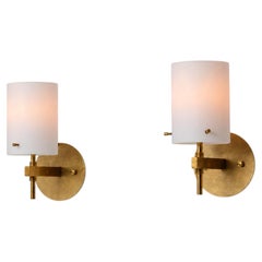 Pair of 1950s Italian Brass Sconces with Cylindrical Opaline Glass Shades
