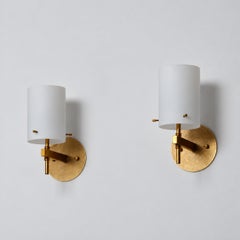 Pair of 1950s Italian Brass Sconces with Cylindrical Opaline Glass Shades