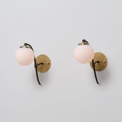 1950s Italian Mid-Century Modern Brass and Opaline Globe Sconces