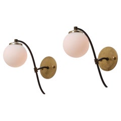 1950s Italian Mid-Century Modern Brass and Opaline Globe Sconces