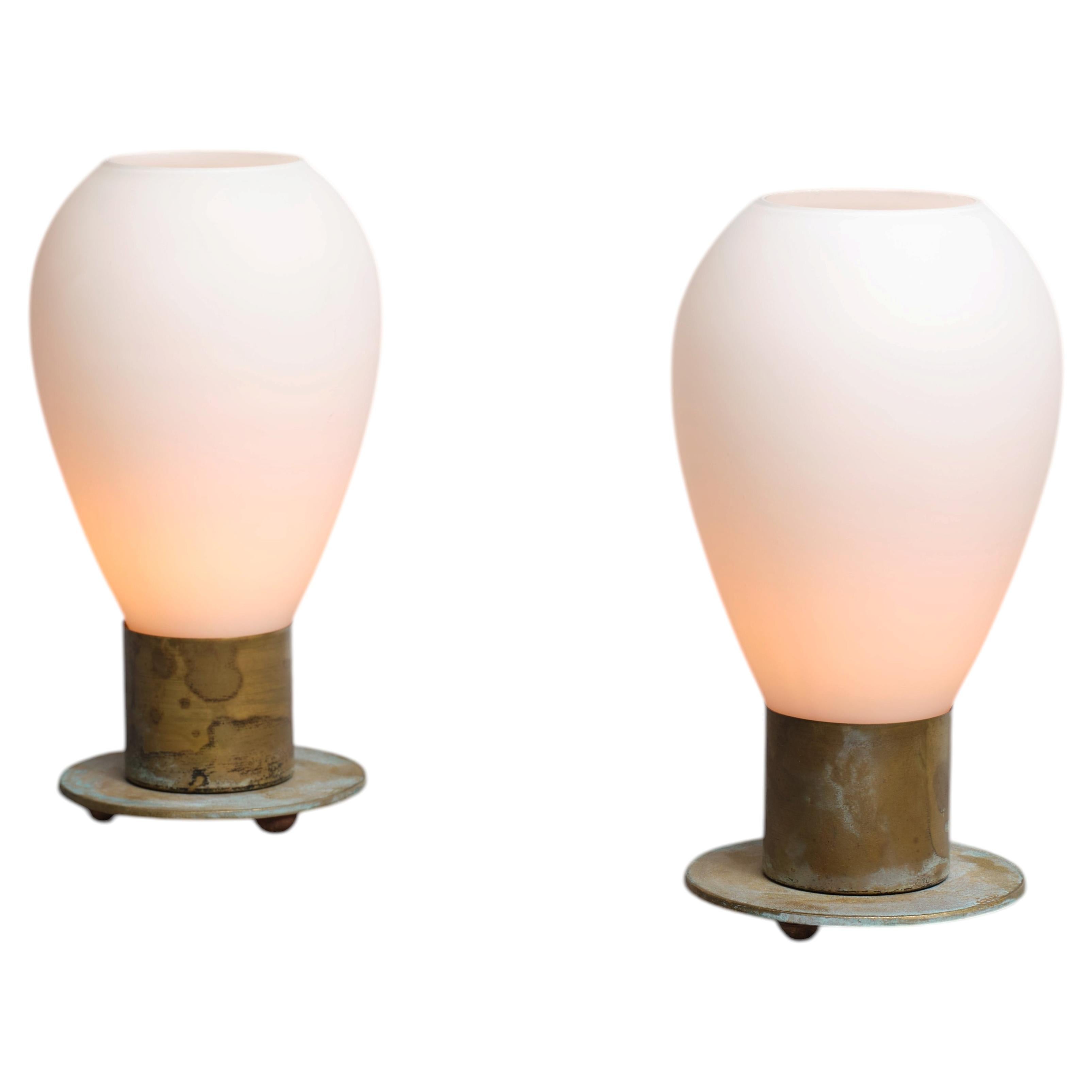 1950s Italian Brass & Opaline Glass Bedside Table Lamps