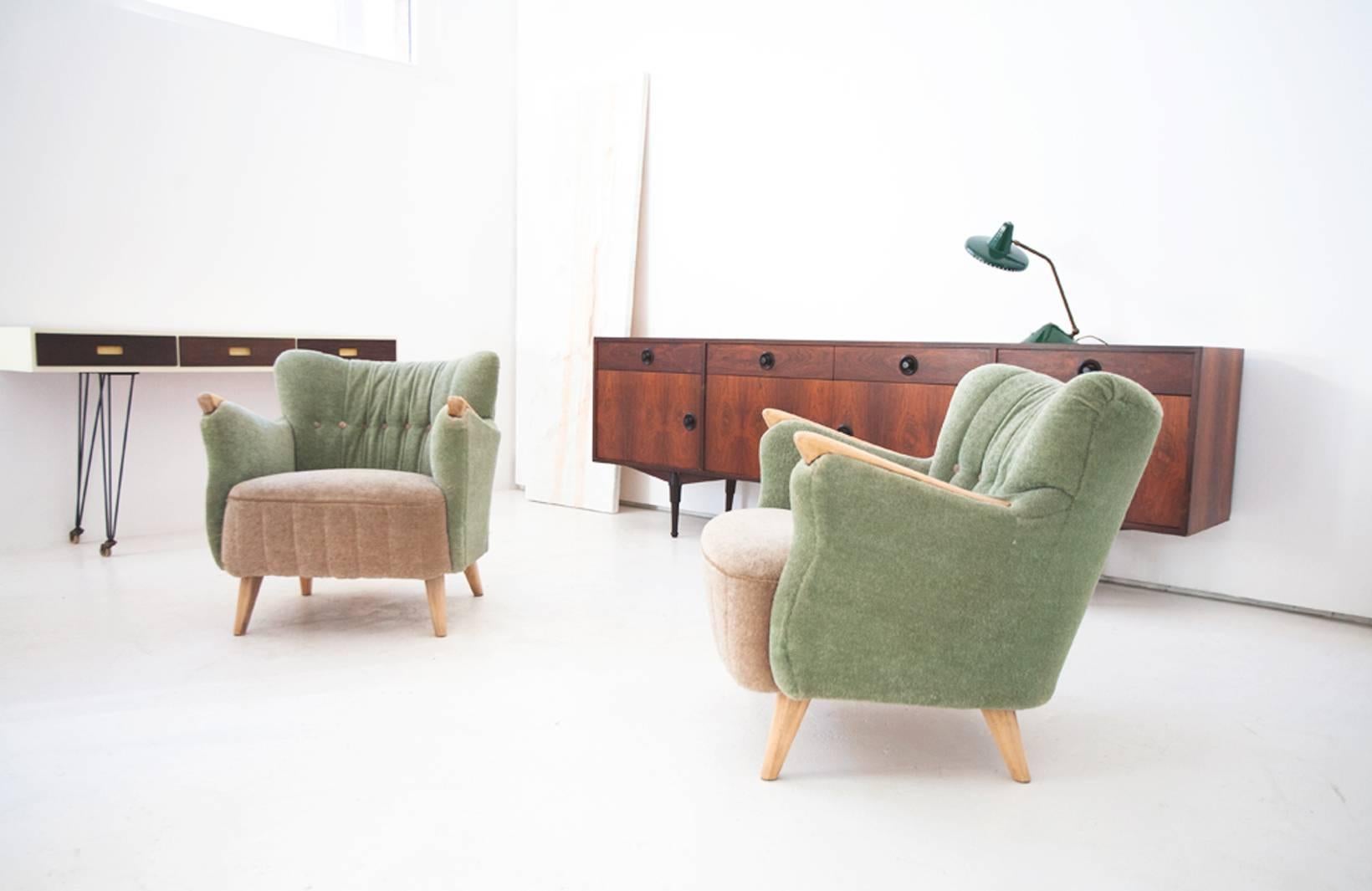 Fabric Green and Beige Danish Armchairs, 1950s