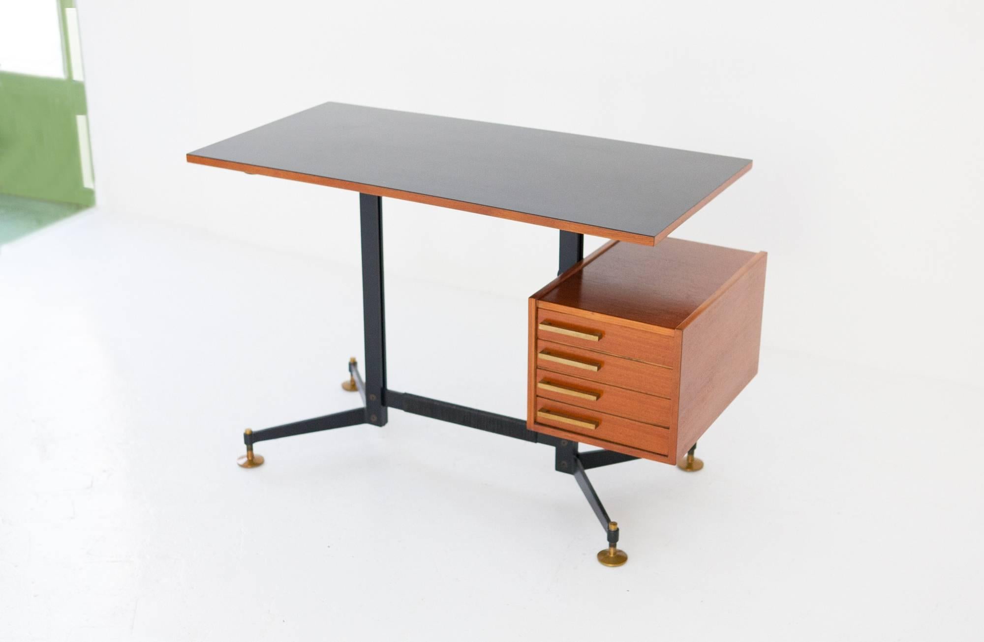 Italian Mid-Century Modern Desk Table Chest of Drawers Iron Teak Formica, 1950s 1
