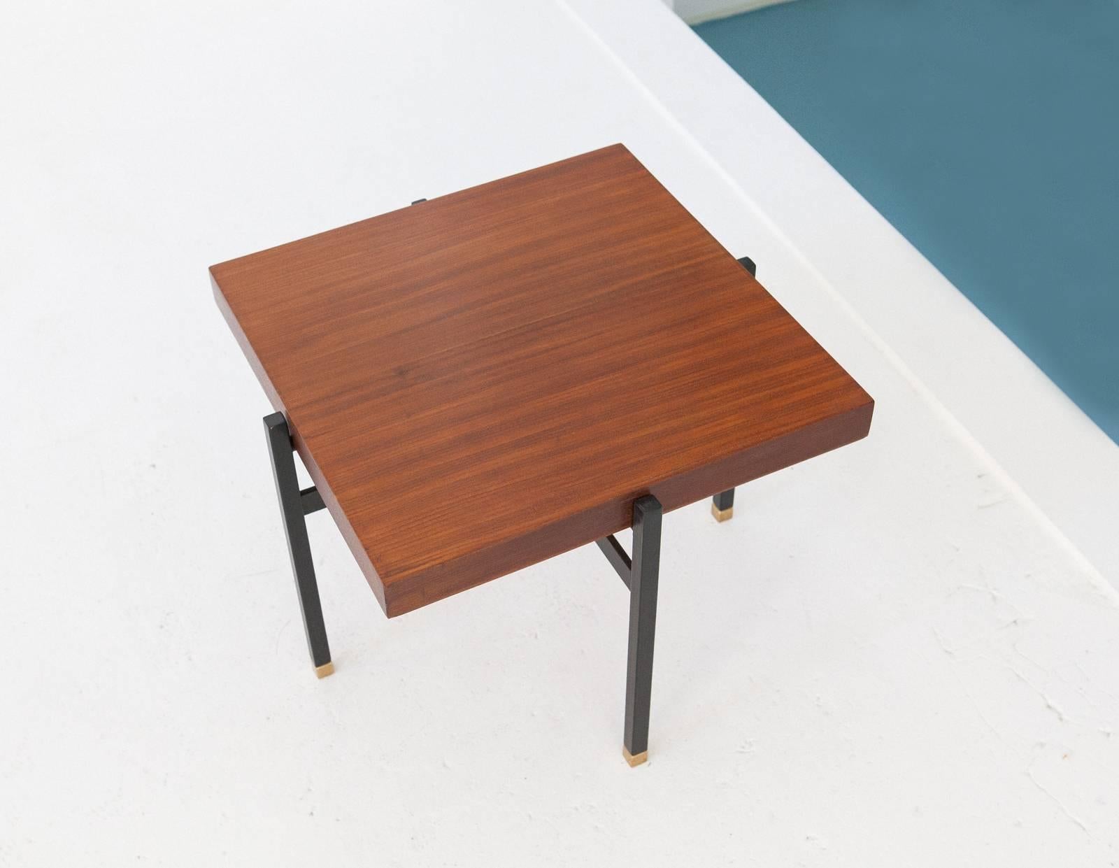Rosewood Italian Mid-Century Modern Wood Iron and Brass Low Coffee Table, 1950s
