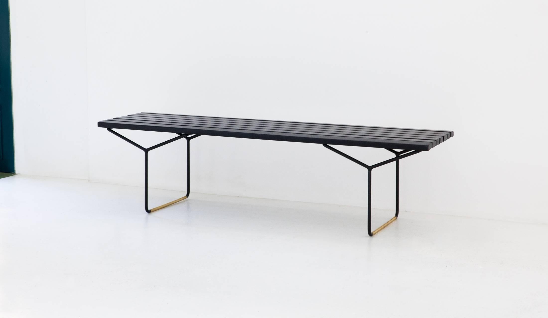 Italian Mid-Century Modern Iron Brass and Black Wood Bench by Pizzetti and Knoll In Excellent Condition In Rome, IT