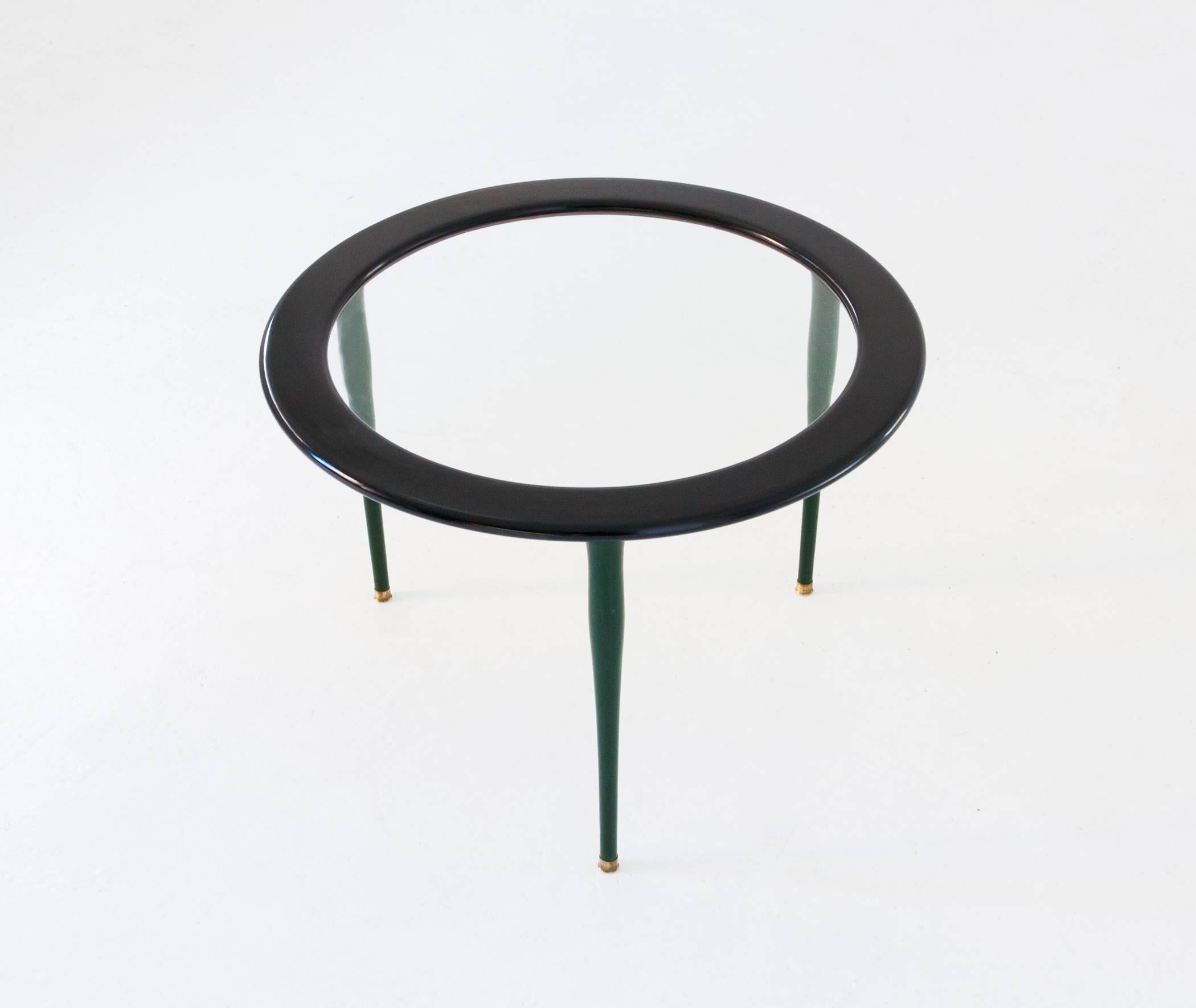 Mid-20th Century Italian Mid-Century Moder Black Green Glass Brass Wooden Low Coffee Table 1950s