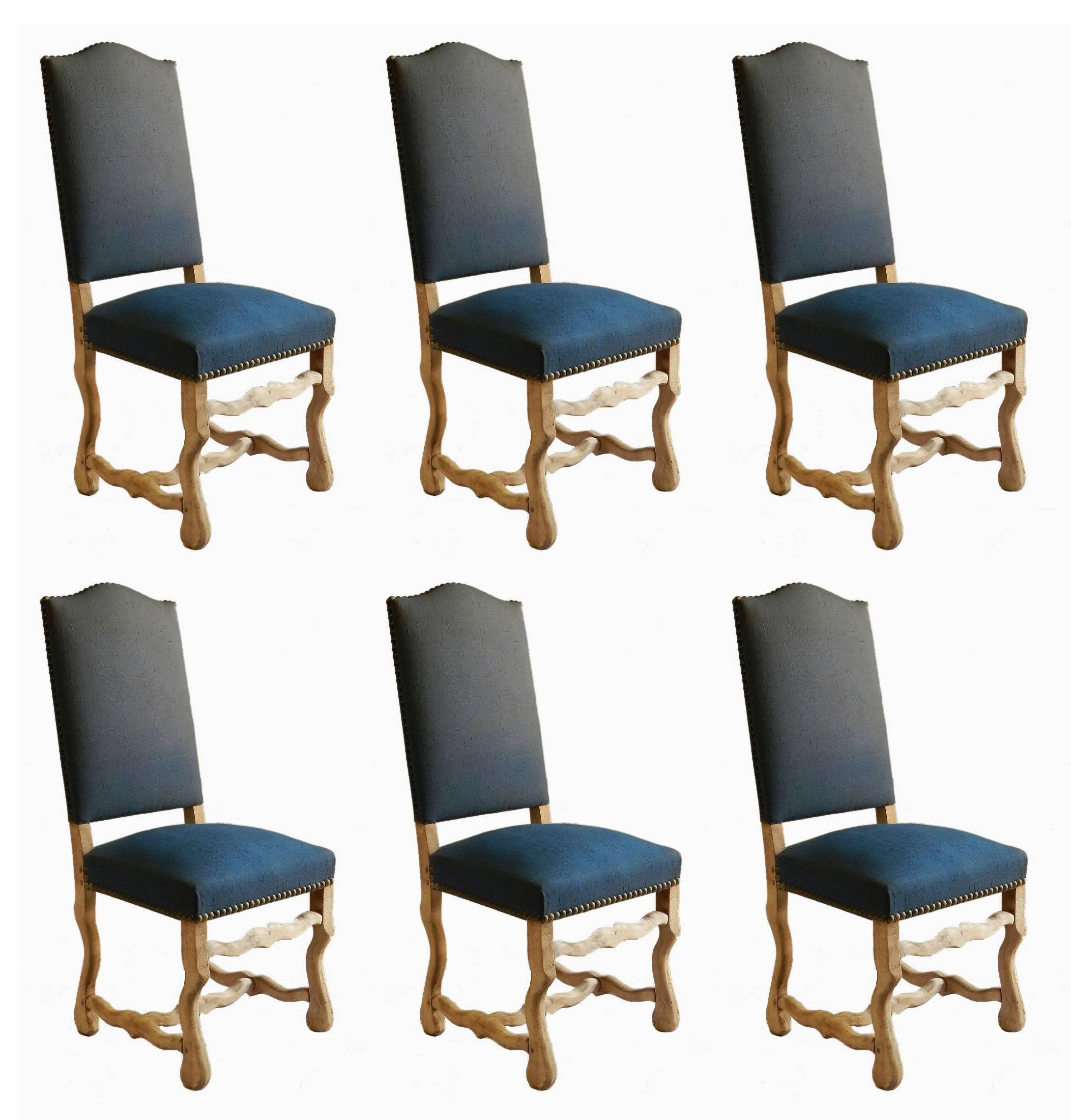 Six French Dining Chairs Os de Mouton Louis XIII Bleached Oak Upholstered 