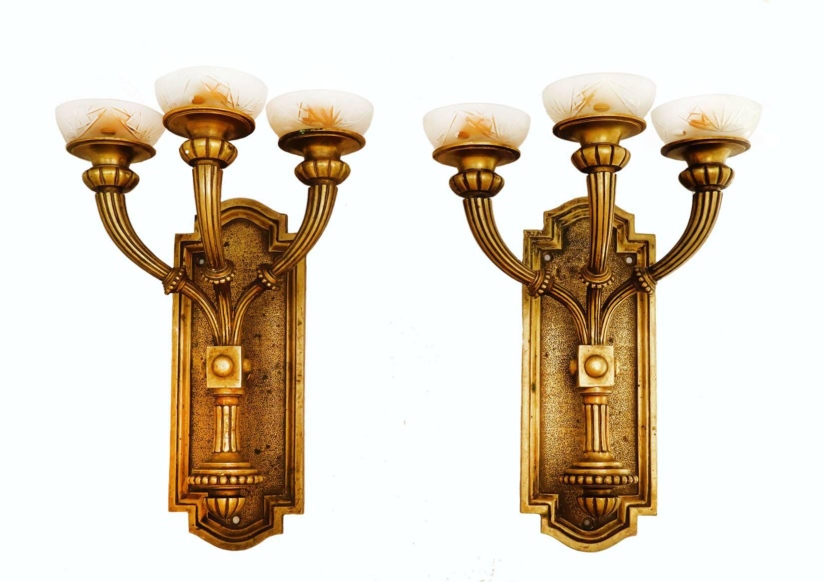 Etched Pair of Art Deco Wall Lights Sconces Heavy Bronze