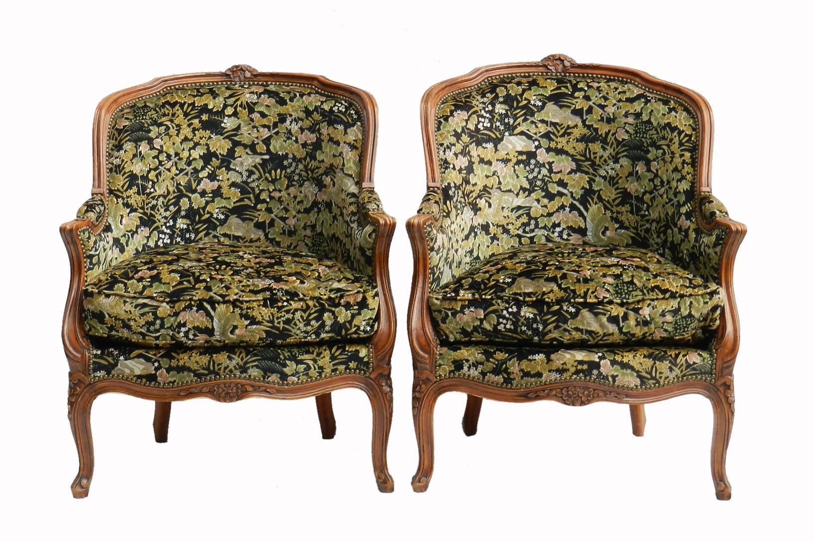 Pair of French armchairs and ottoman stool Louis revival early 20th century c1920
To recover
Louis XV revival
Upholstered Chinoiserie top covers easily changed to suit your interior
Tub slipper chairs
Feather filled cushions
Very confortable