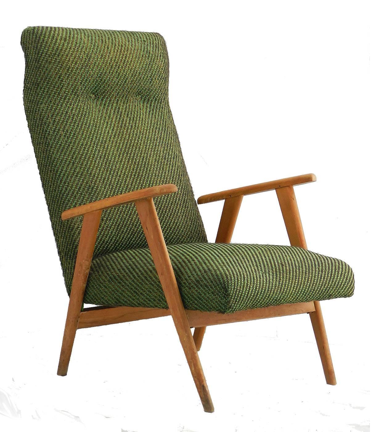 Mid century armchair guariche style french upholstered, circa 1950
Compass legs
Matching pair of chairs listed separately
Top covers chunky green tweed with tufted button back.
We offer a global parcel and a door to door freight service as well as