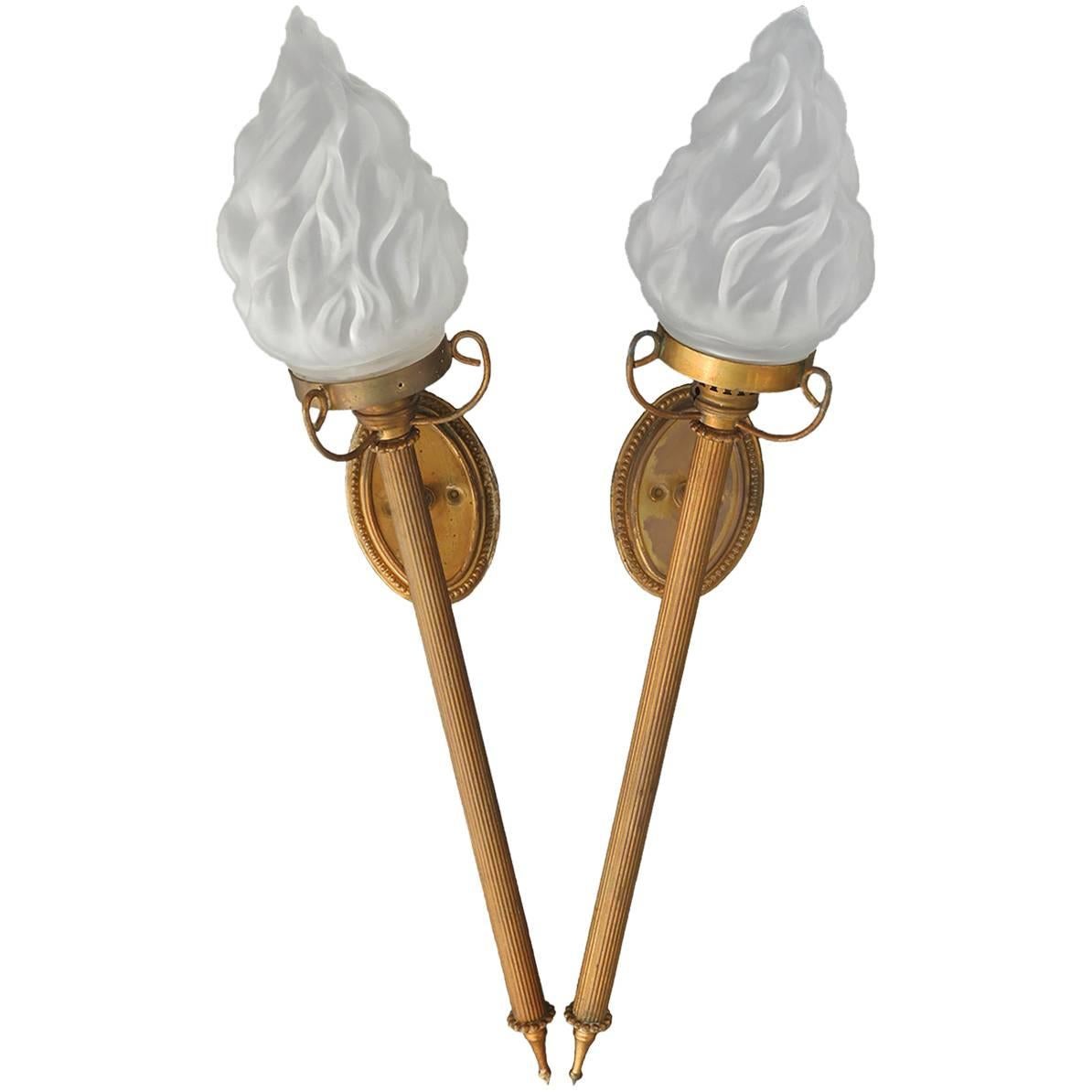 Pair of Torchere Wall Lights French Flame Glass Shades Sconces, circa 1910
