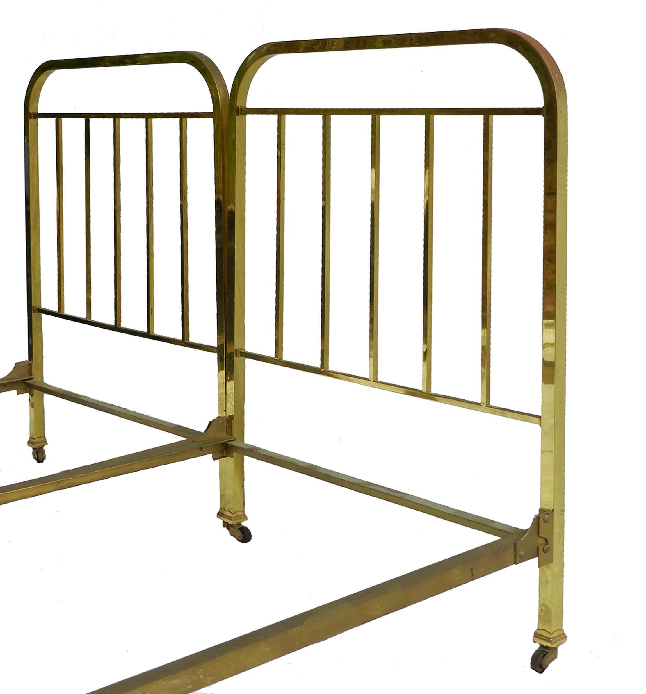 Pair of Art Deco brass beds French antique single twin beds, circa 1930
With original makers label. Literie Darrac 24 Rue Cadet 24 Paris
Shiny and reflective hard to show in photos
Hollow brass bed frames with good original patina
Can be re-polished