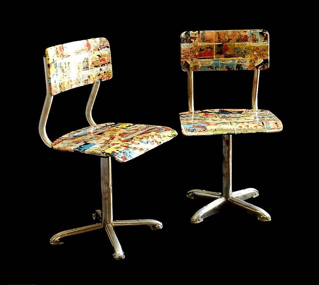 1950s pair of children's desk chairs Mid-Century 
Vintage Comic Decoupage
The chairs are originally from the Netherlands.
Bentwood seats.
Collage covered with vintage French Cowboy Comics Decoration of the well loved French 'Lucky Luke'.
Sound and
