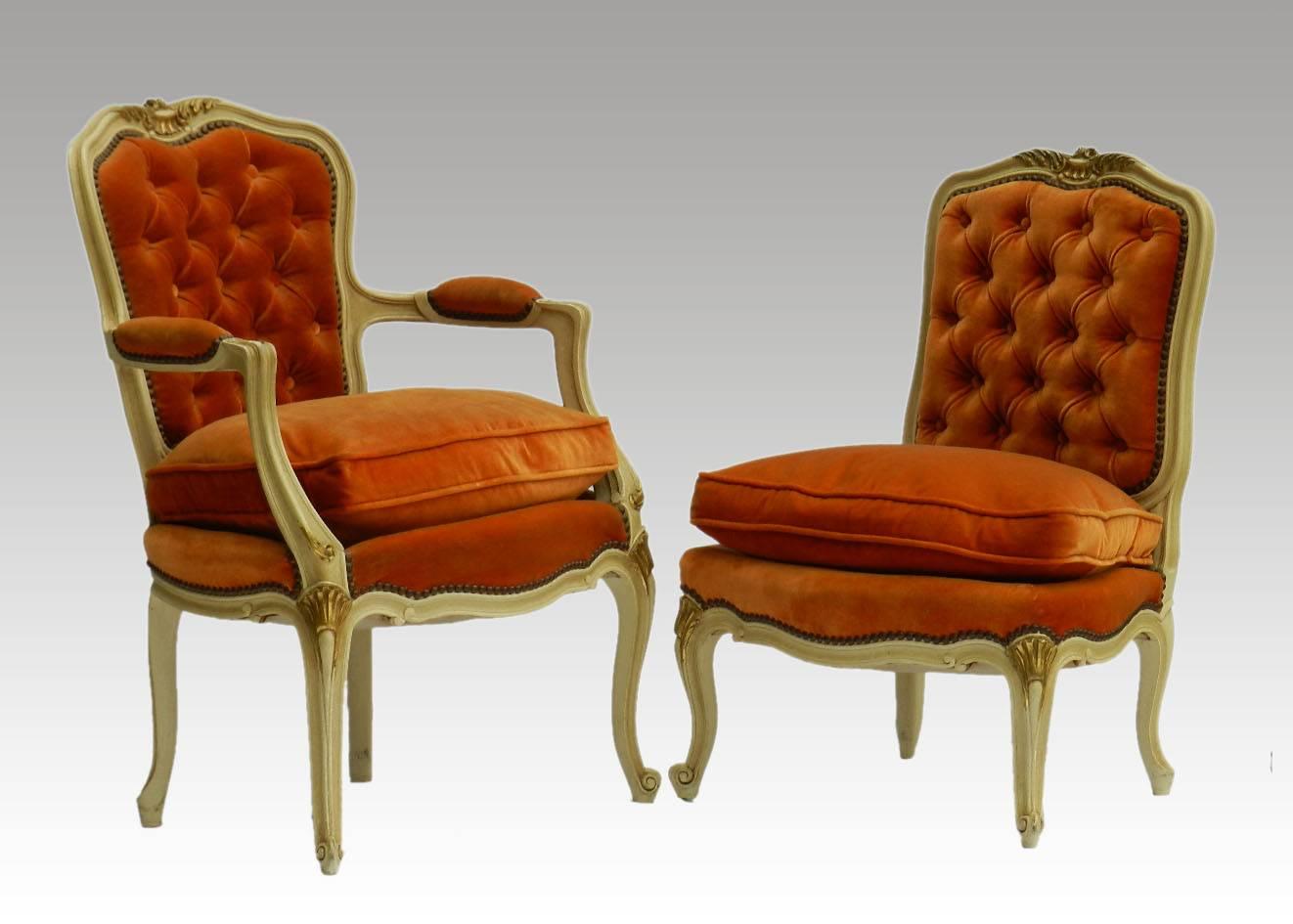 Two French Chairs Armchair & Boudoir Louis XV revival Tufted Button Back  1