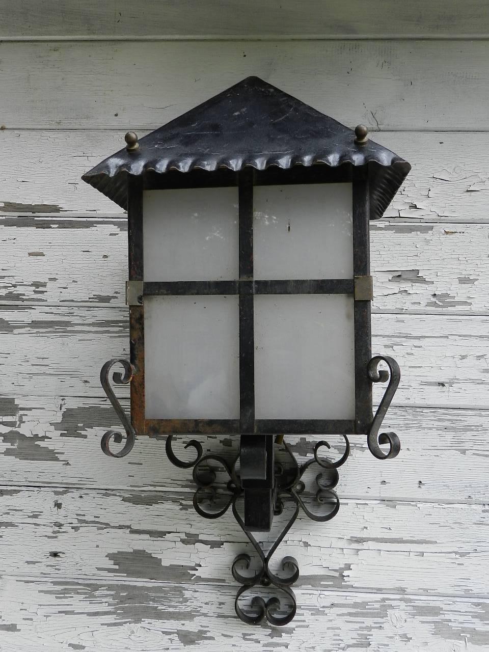 20th Century French Lantern Wall Light Outdoor Sconce Wrought Iron and Glass Exterior Porch