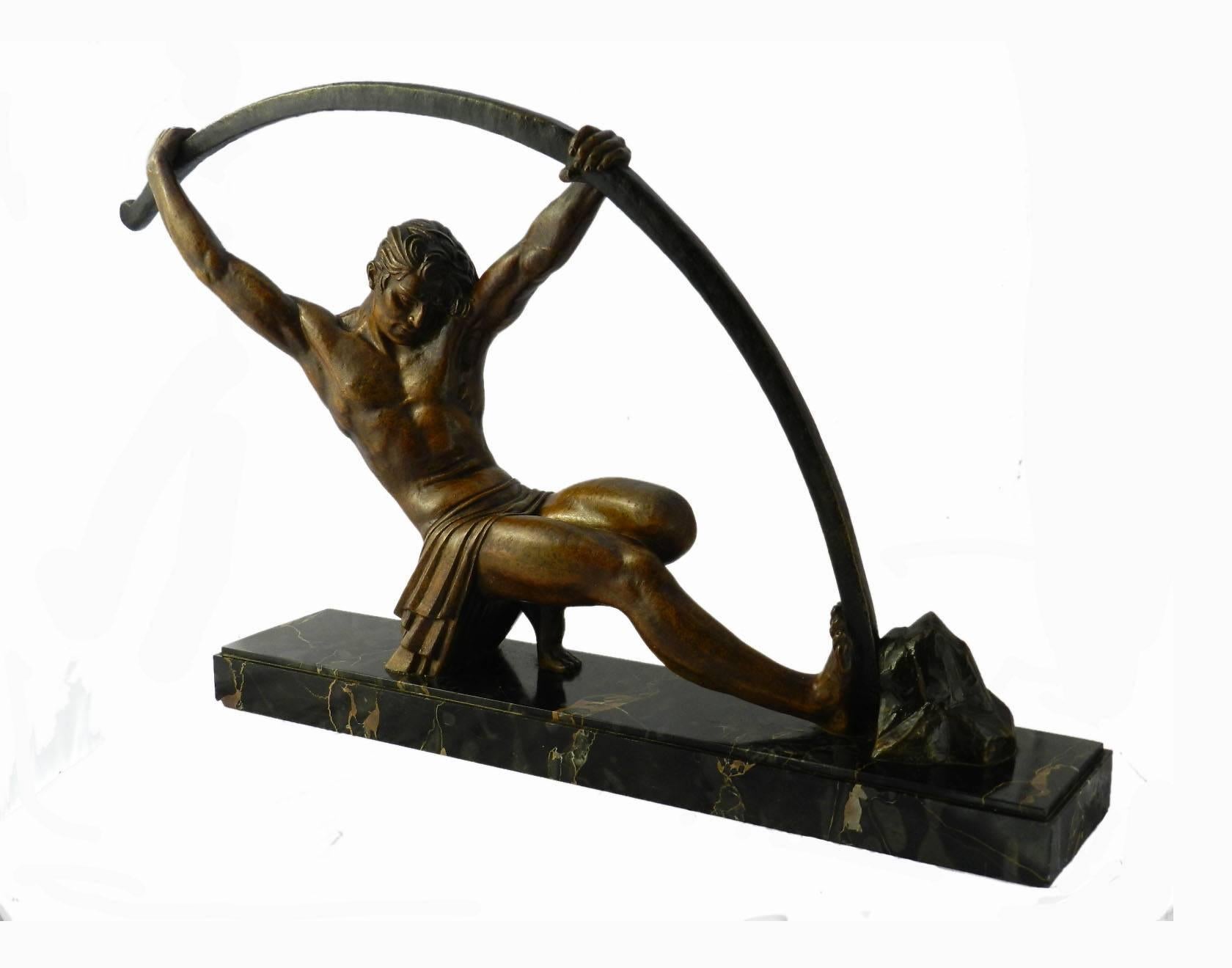 Original large Art Deco sculpture 'L'Age Du Bronze,' by Demetre Chiparus cold-painted metal sculpture, circa 1925
A powerful French statue sometimes referred to as the famous 'bending bar man' It was made in two sizes and is one, much rarer is the