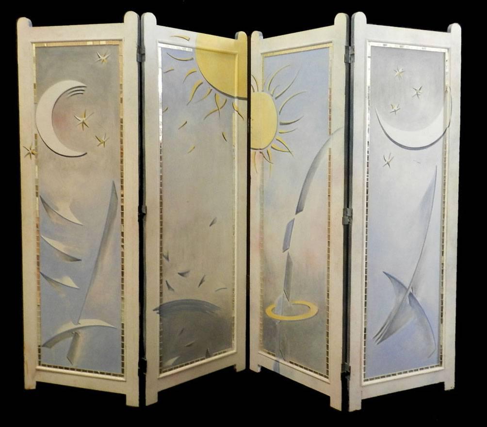 Mid-Century Modern Four Fold Screen Original Painting by Mikel Dalbret Artist Vintage Room Divider