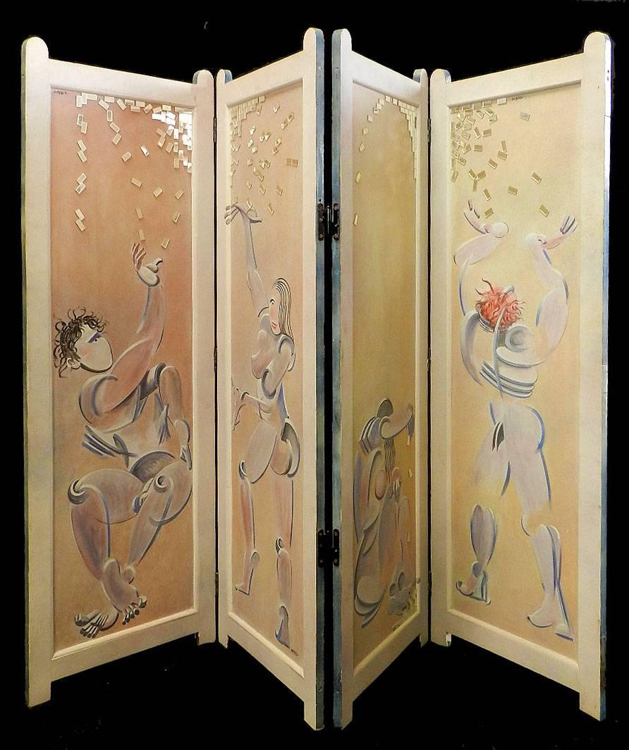 Four Fold Screen Original Painting by Mikel Dalbret Artist Vintage Room Divider In Good Condition In Mimizan, FR