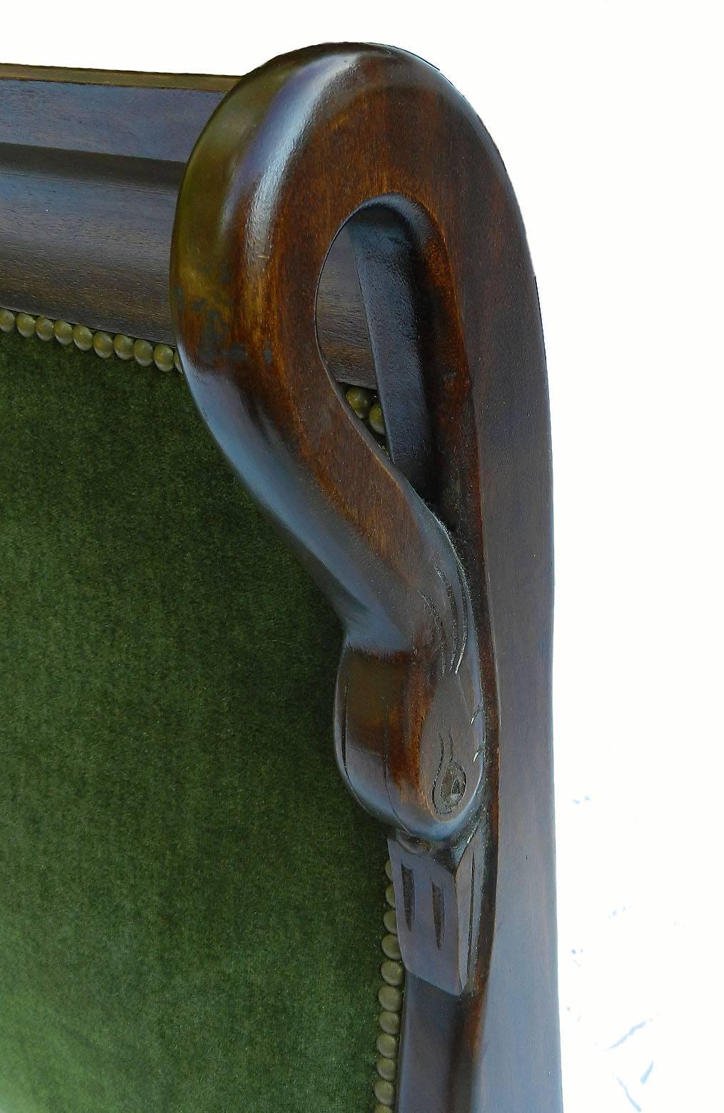 Handsome French second empire bed or daybed mahogany swans neck.
Upholstered in dark green velour easily changed to suit your interior please ask if you would like this done before shipping we're always happy to help please ask
Three quarter or