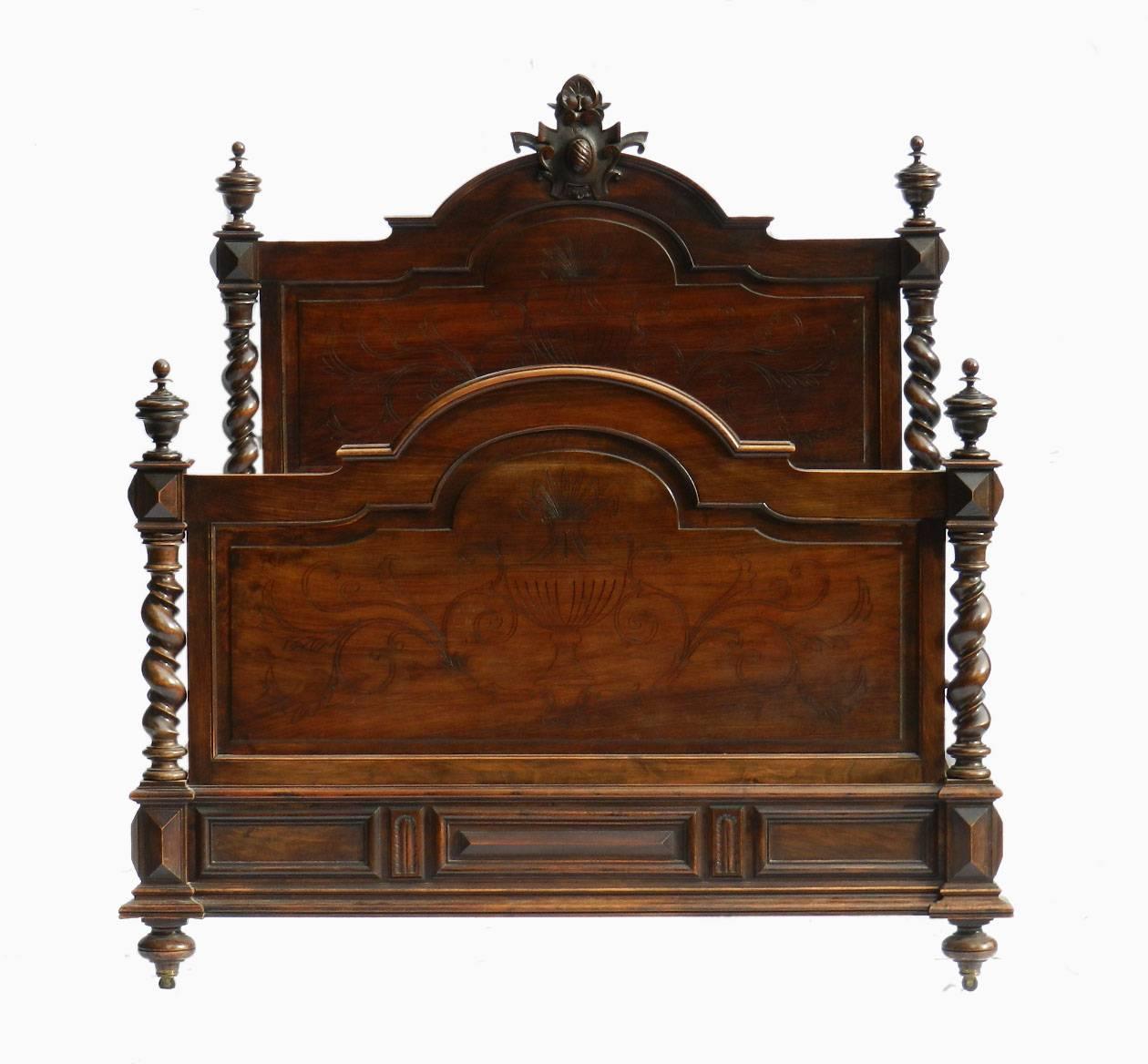 Superb C19 Louis French chateau bed
Solid Carved Walnut
This bed will take a 5ft wide (60 in) UK king size or American US Queen size base and mattress
If you need more info or advice regarding base and mattress please do ask we can supply if