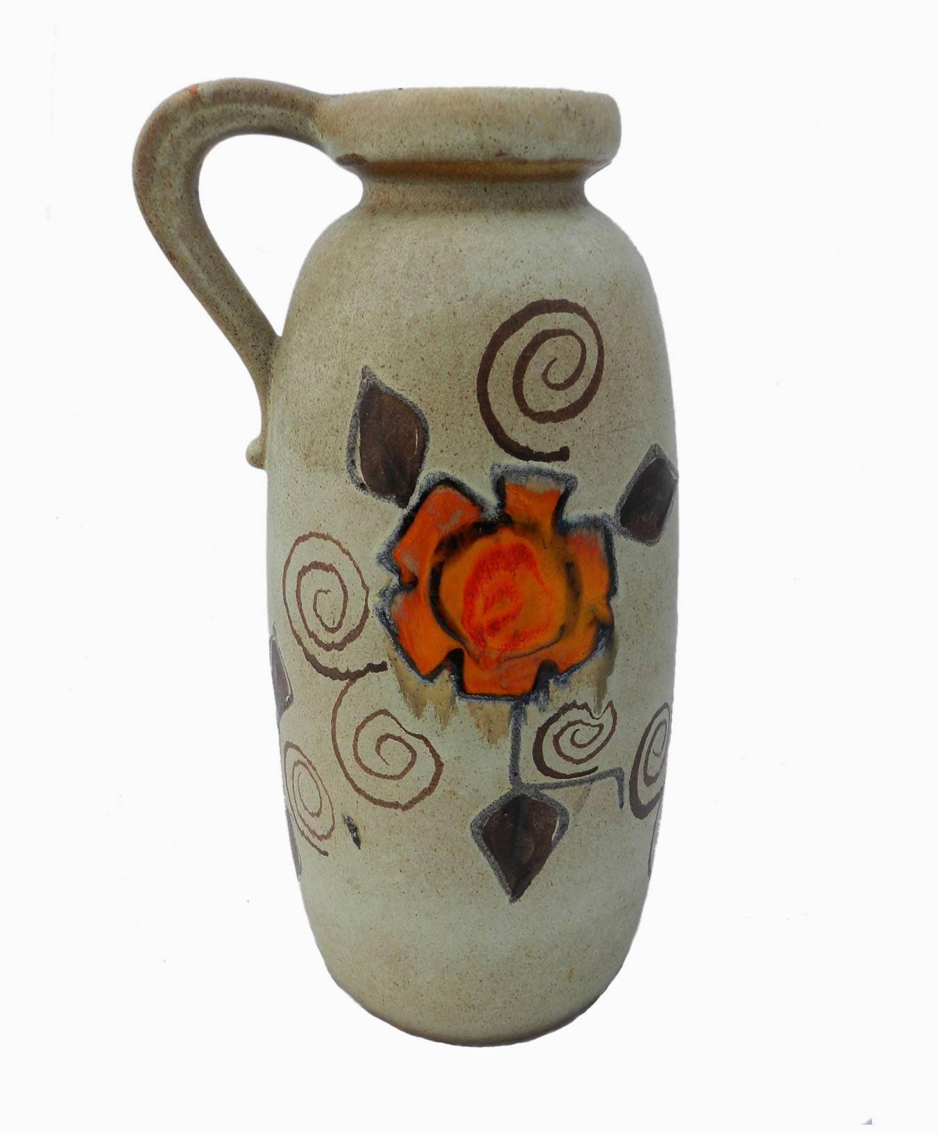 Large German floor vase circa 1960-1970.
Gloriously decorative piece in excellent condition.
By Bay and Scheurich Keramik, Westerwald Germany
Art Pottery ceramic stick or umbrella stand.
Solid and sturdy, good and heavy!
Excellent original condition