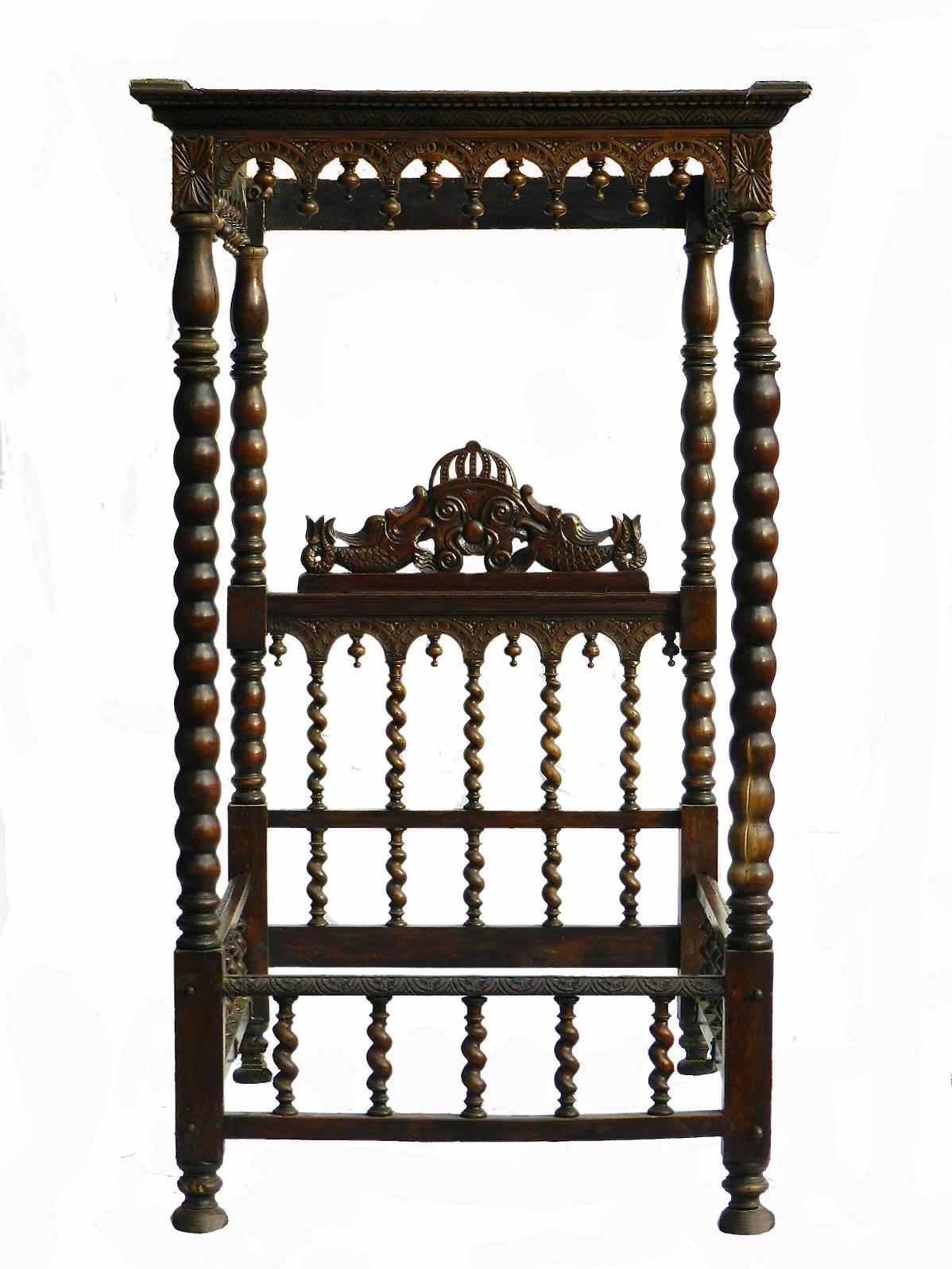 Unusual 19th century Portuguese Colonial four-poster single bed children’s daybed.
Very decorative heavy carved teak.
This bed will take a mattress 109cms (3'6") wide & 185cms (6') long.
The side bar height is 22cms (8.7").
The top