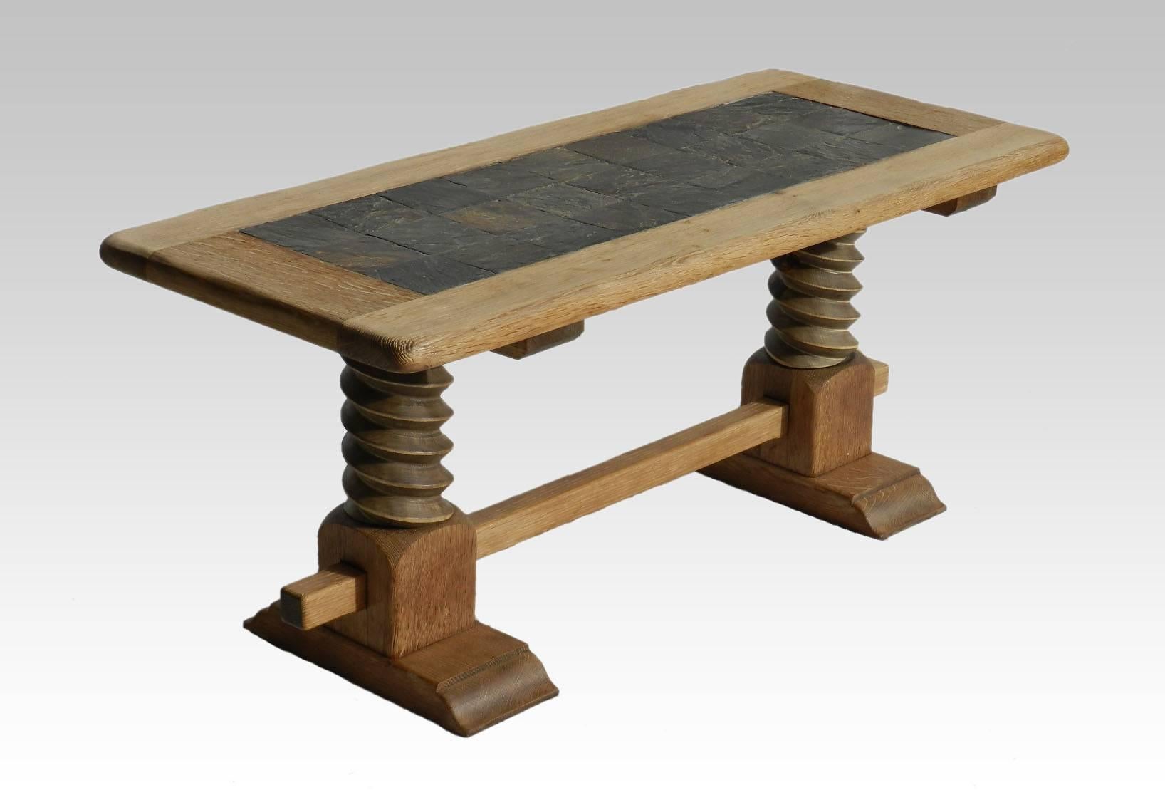 Granite French Refectory Coffee Table Stone Tiles with Wine Press Base Bleached Oak