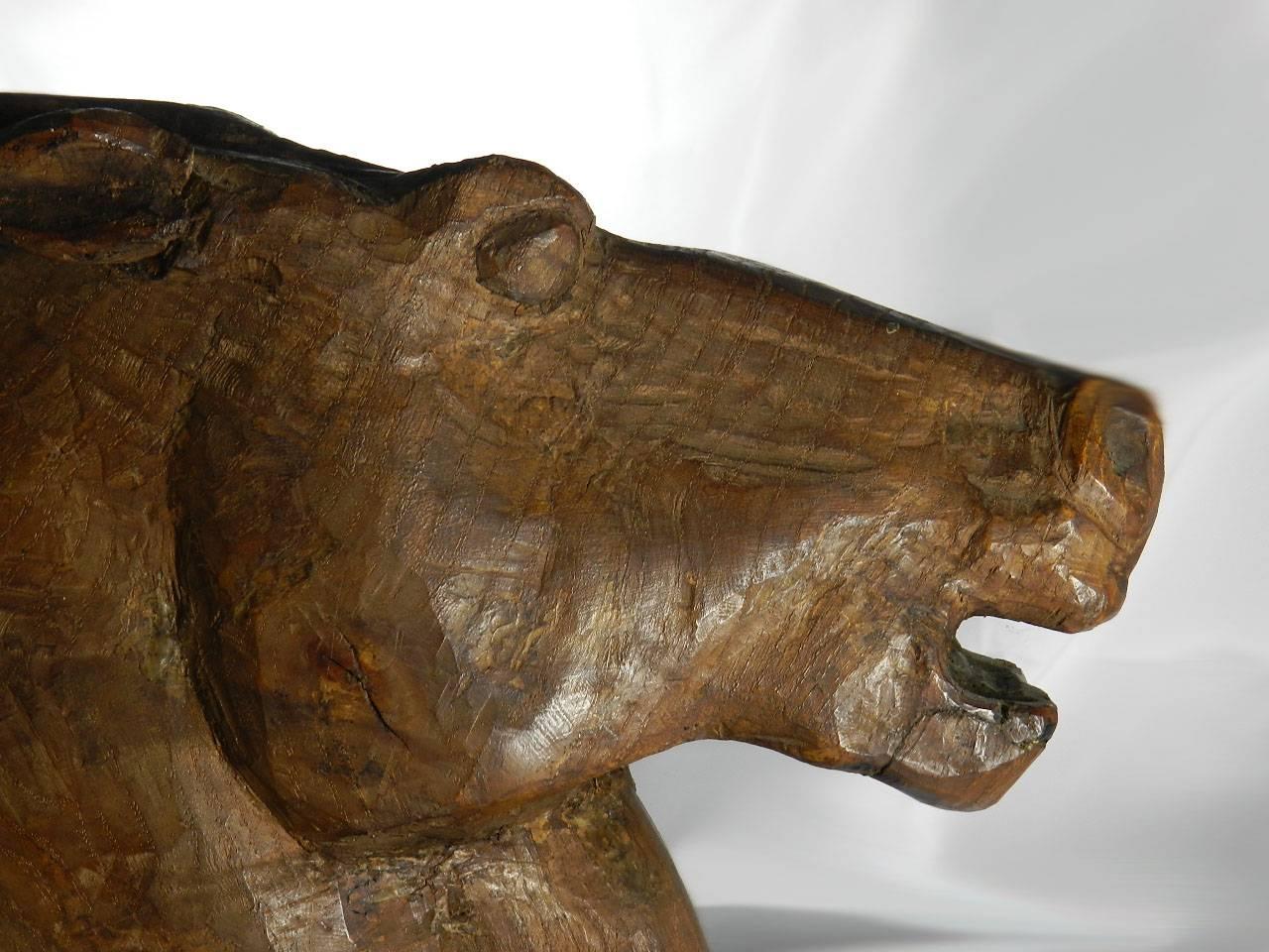 Superb carved horse head sculpture early 20th century not signed.
Solid oak.
A lovely tactile naive folk art. 
This came from a French Estate where the family was of French Scandinavian origin and the Grandfather was a keen art collector and