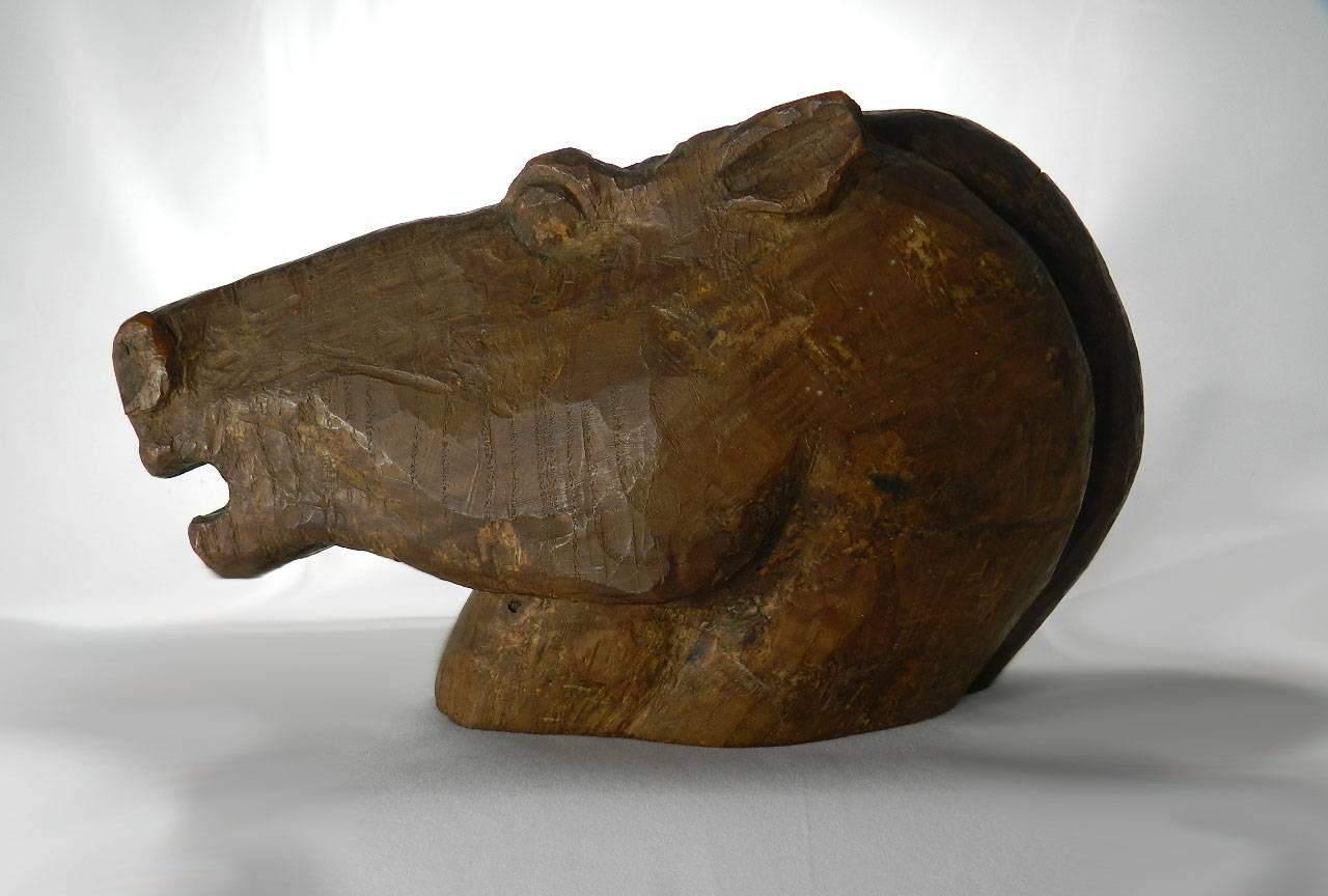 European Early 20th Century Hand-Carved Horse Head Sculpture