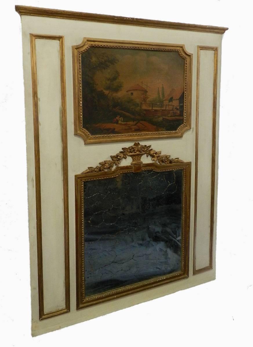 Large French trumeau mirror 19th century Louis.
All original painted surround with giltwood framing.
Very old original mercury mirror with cracking and wear photographed reflecting a black cloth to show the character, could be replaced if