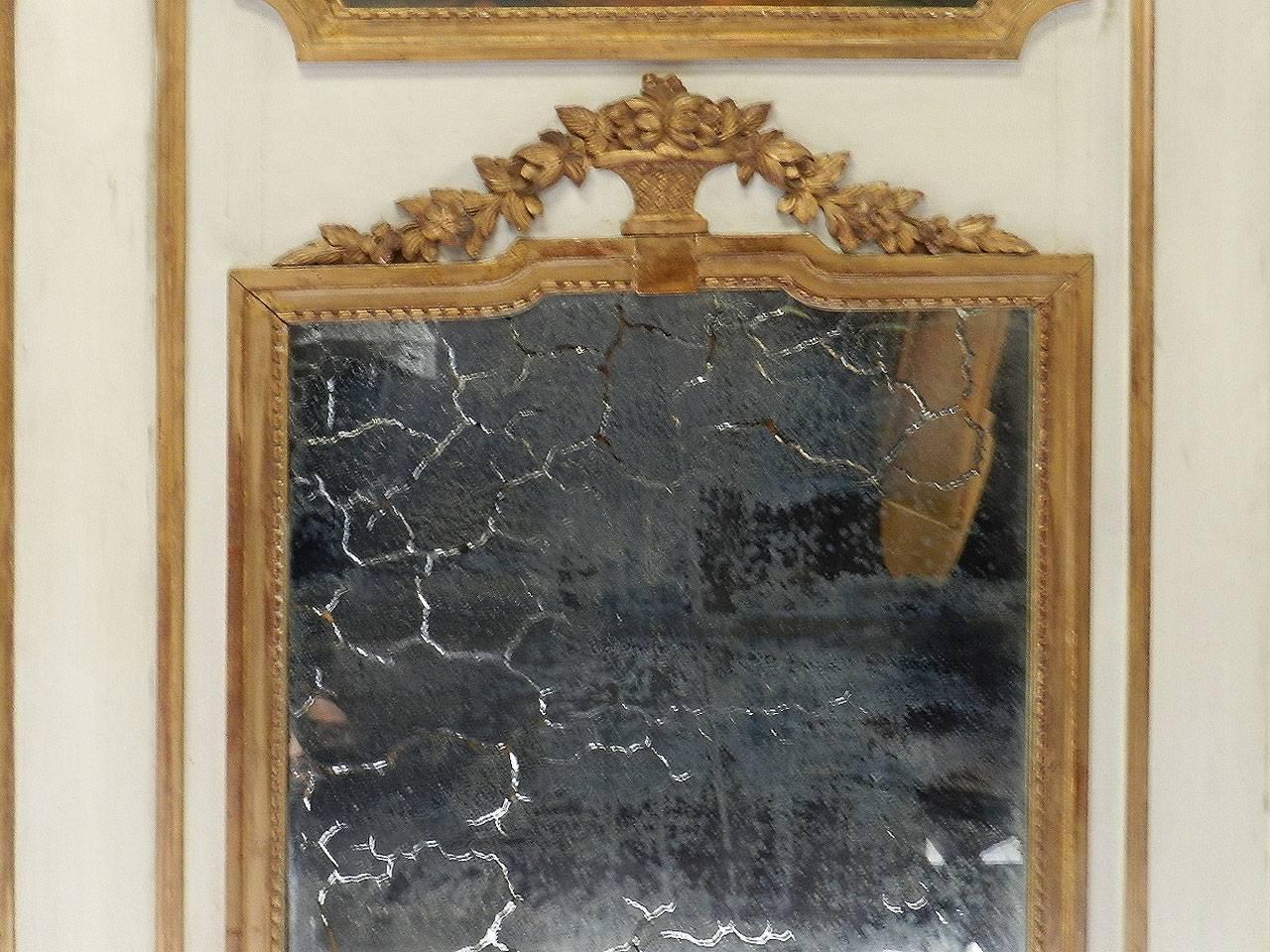 Louis XVI 19th Century French Trumeau Mirror Oil Painting Giltwood Overmantel