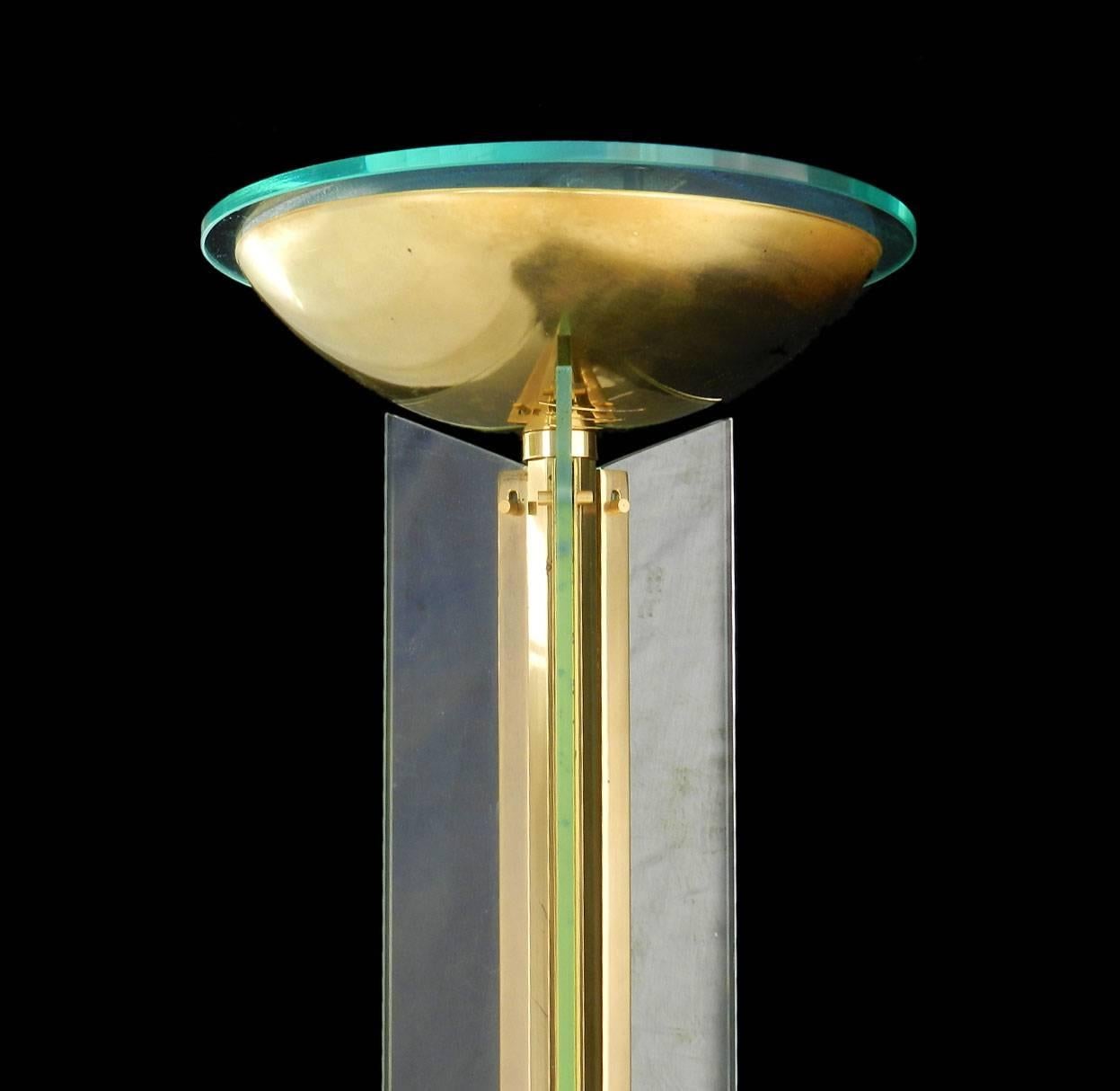 Stylish good quality designer bronze nickel and glass floor lamp uplighter torchère, 20th century Art Deco Revival
Style of Jean Perzel the 1930s German / French lighting designer
Original plate glass
Good Patina to nickel bronzed base
Uplighter