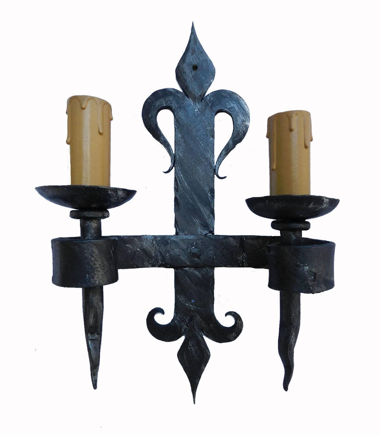 Set of three wrought iron Arts & Crafts wall lights appliques sconces Fleur de Lys French artisan handmade heavy iron great patina through age these will be re-wired and tested to USA or UK and European standards ready to install or for your country