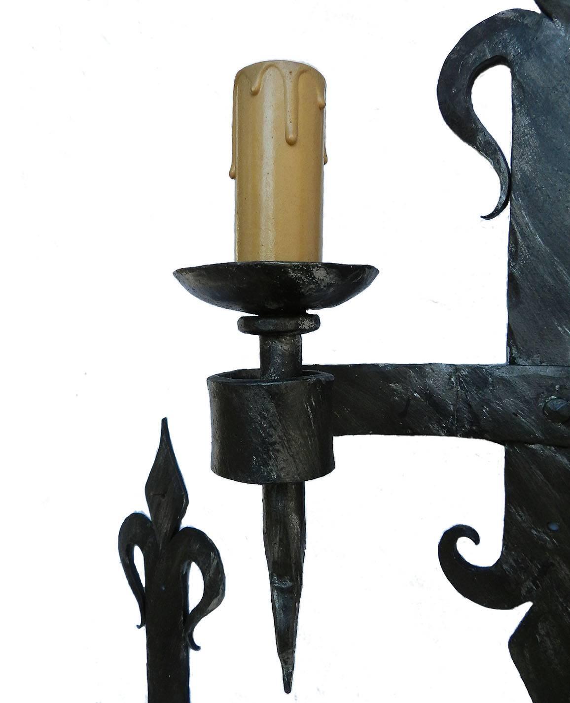 Arts and Crafts Three Arts & Crafts Wall Lights Wrought Iron French Artisan Made Fleur De Lys