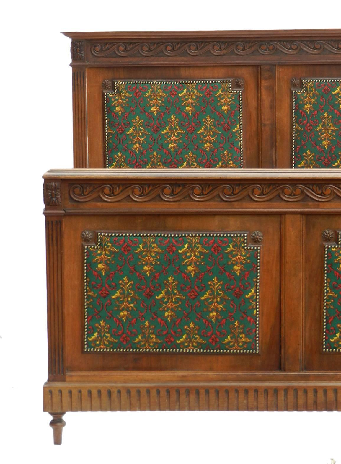 Unusual antique French gentleman's chateau bed with upholstered and studded panels we can change top covers if preferred before shipping please ask
19th century Louis Gothic revival carved walnut.
The fabric is deep kingfisher blue bottle green