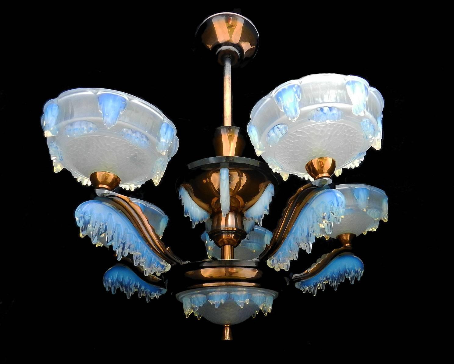 Art Deco Chandelier by Ezan and Petitot French Opalescent Glass and Copper 1930 3