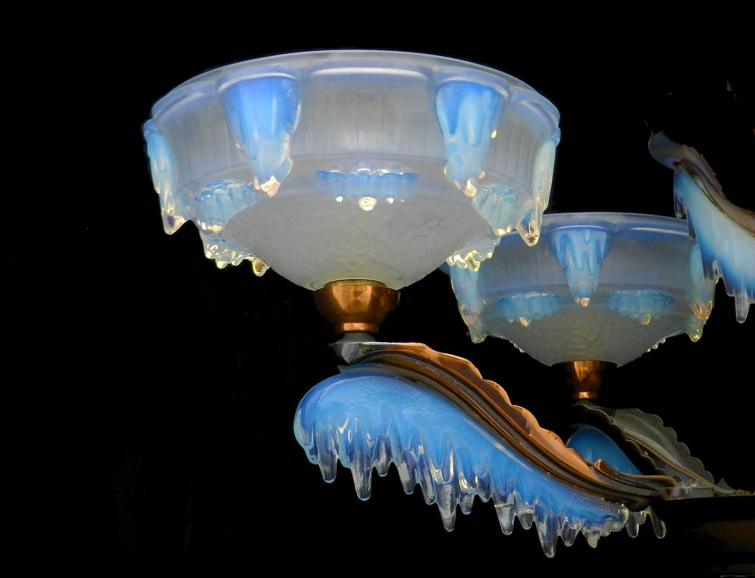 Art Deco Chandelier by Ezan and Petitot French Opalescent Glass and Copper 1930 1