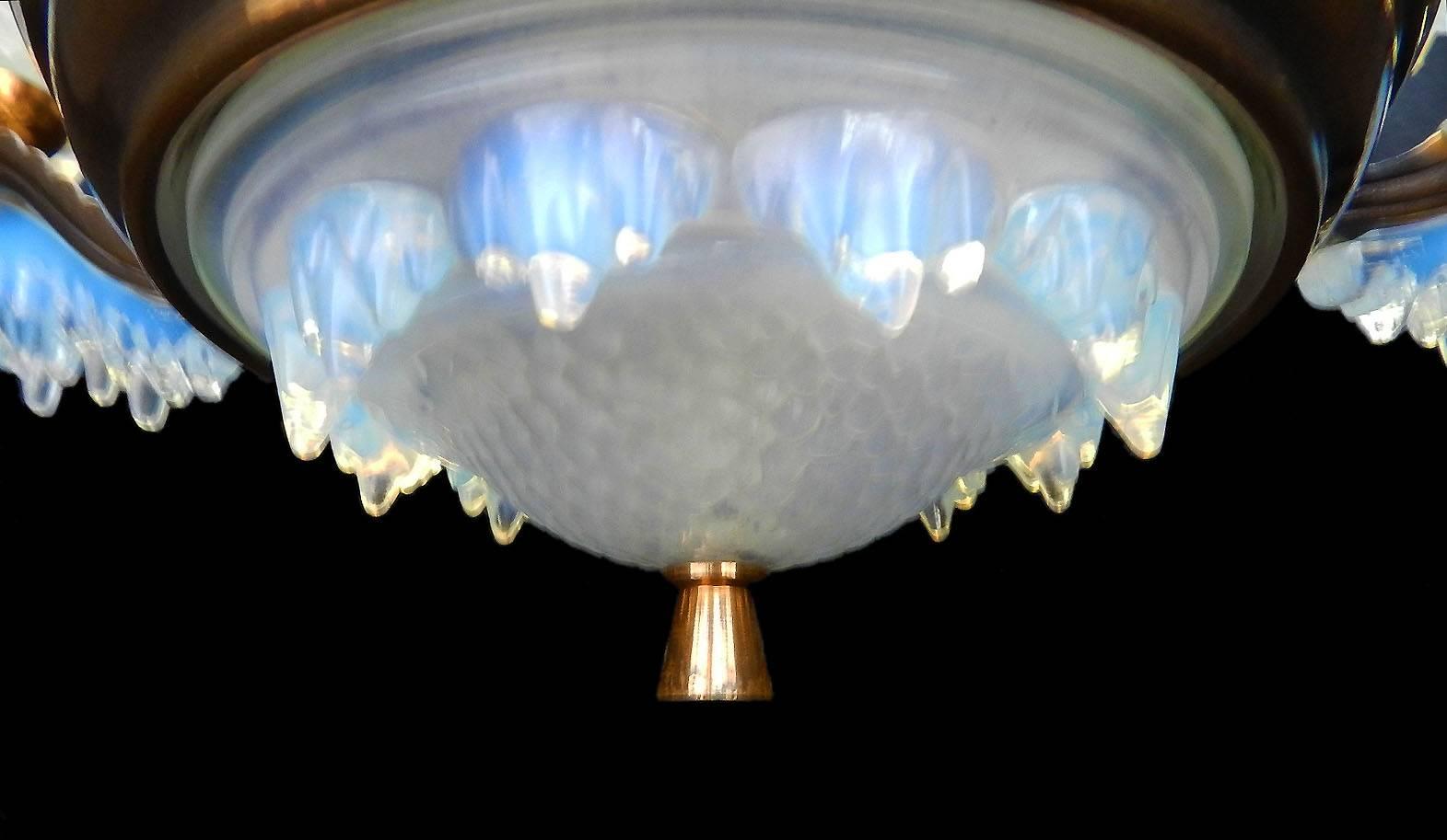 Art Deco Chandelier by Ezan and Petitot French Opalescent Glass and Copper 1930 2