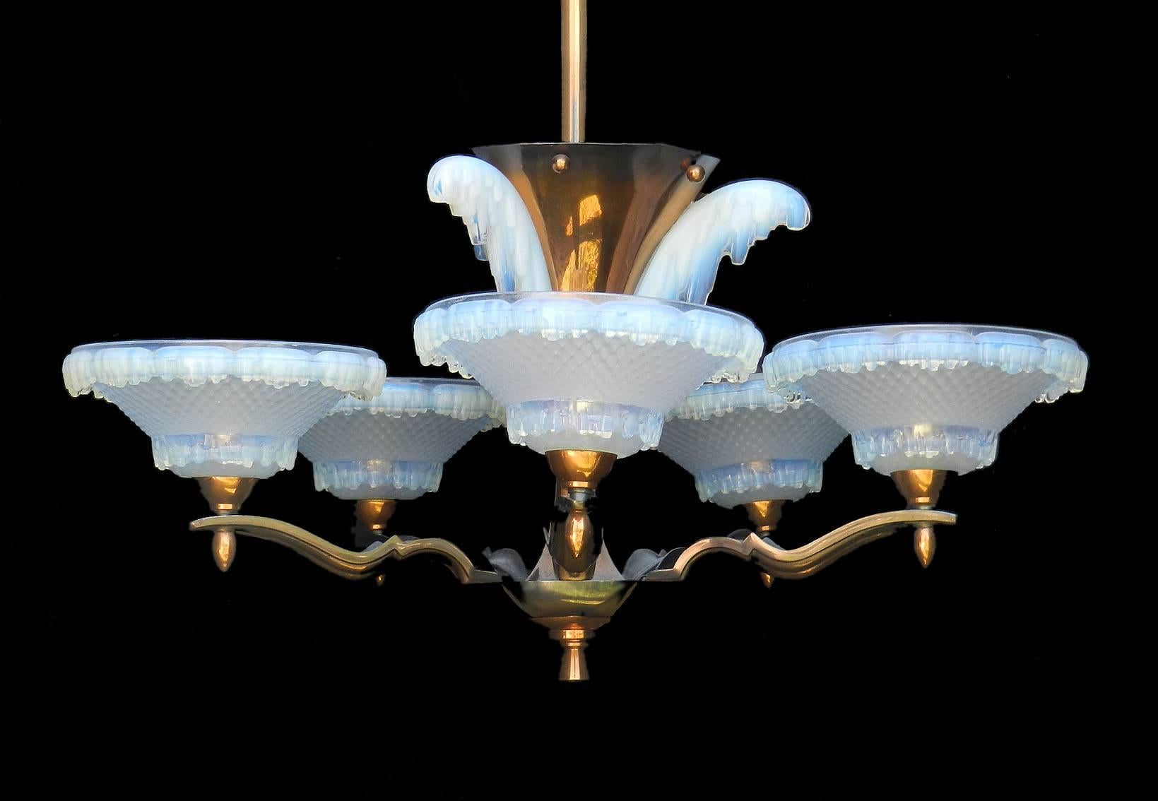 Art Deco Chandelier by Ezan and Petitot French Opalescent Glass and Copper, 1930 1
