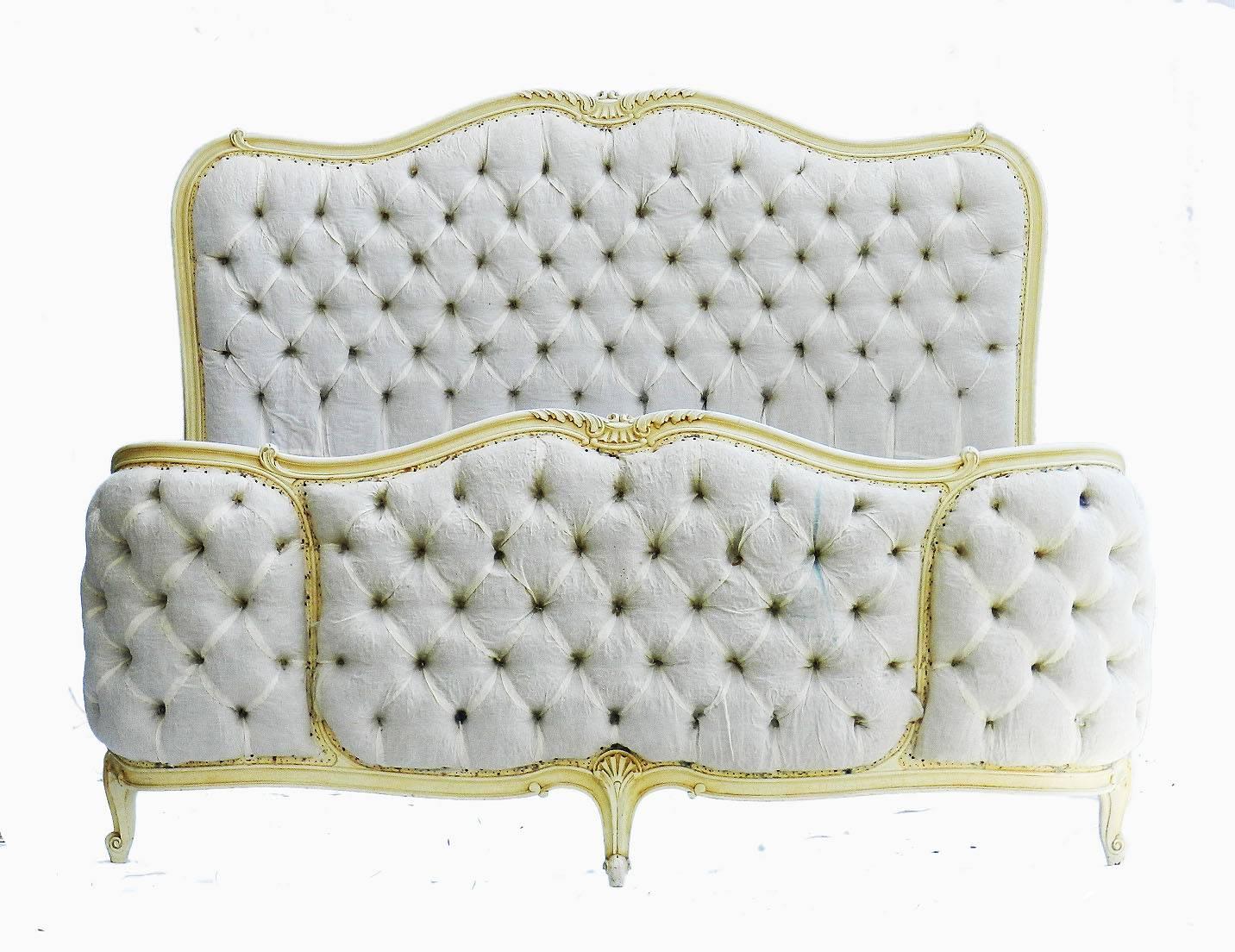 Stunning French bed and base UK king-size US Queen corbeille button back or tufted ready for top covers
Original craquelure to wooden frame sound and solid
This will take a standard 5 ft wide Mattress US or UK on the customized slatted wood base