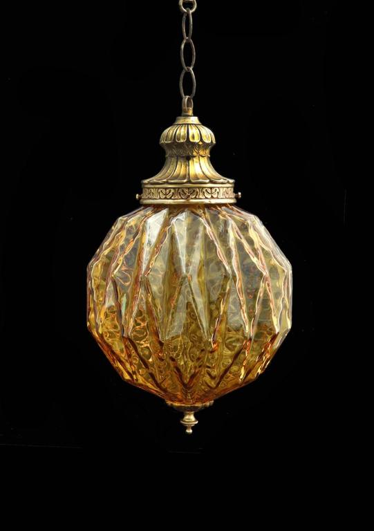MidCentury Globe Pendant Light Amber Glass, Moorish at 1stDibs
