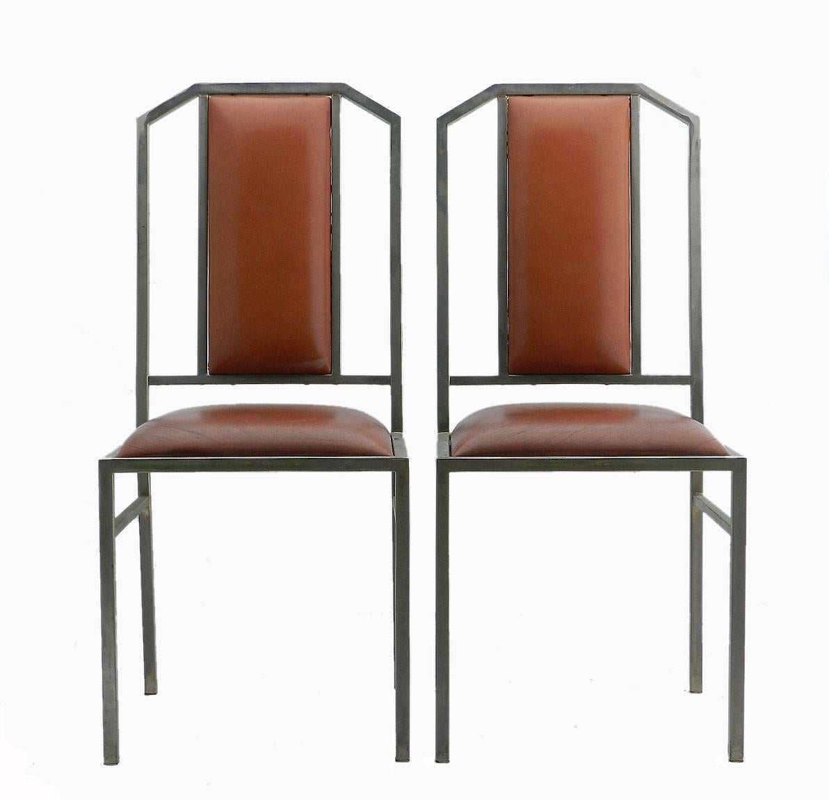 Mid-Century Modern Four Maison Jansen Dining Chairs Leather Brushed Metal French, circa 1970