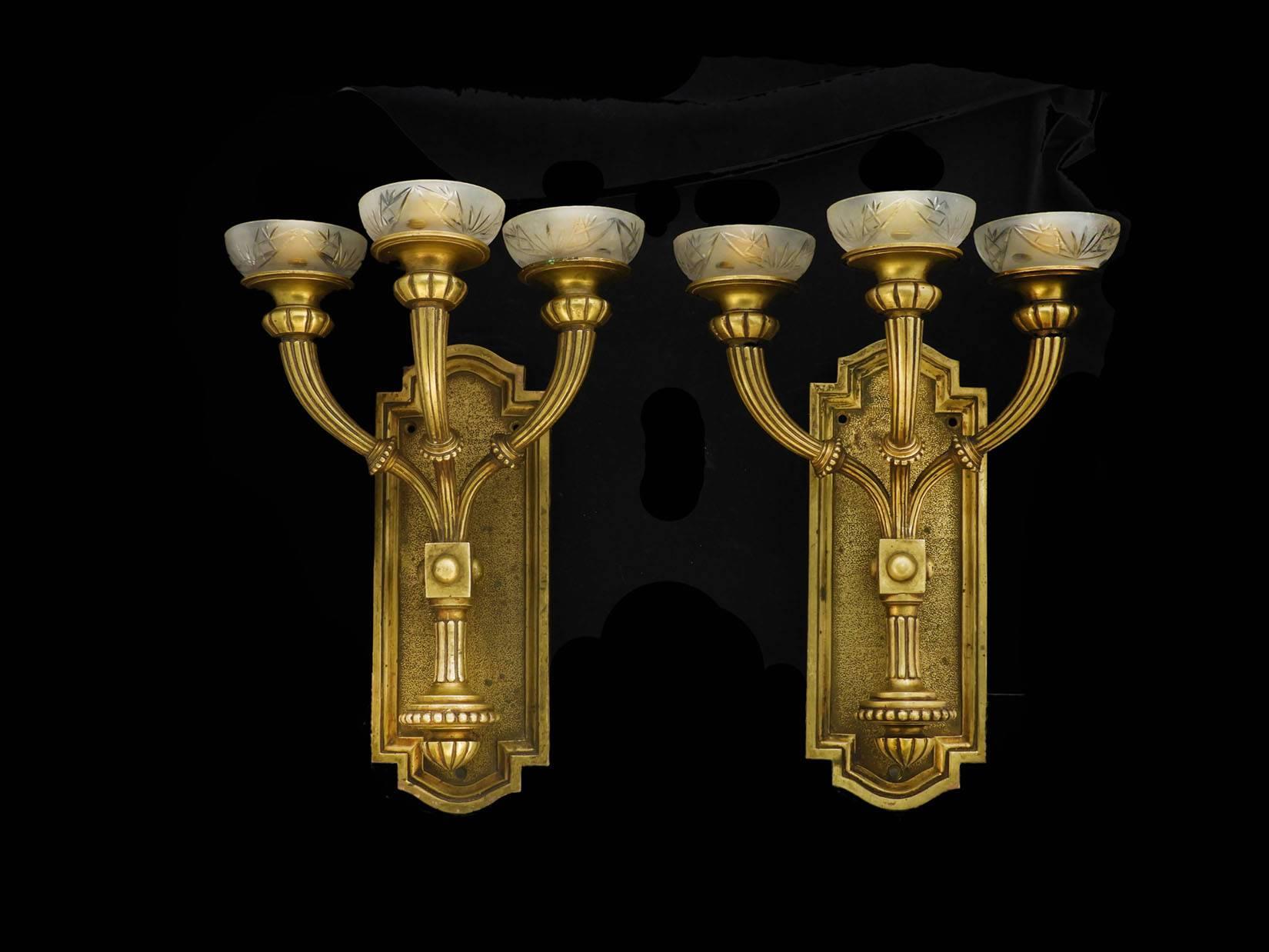 Spanish Pair of Art Deco Wall Lights Sconces Heavy Bronze