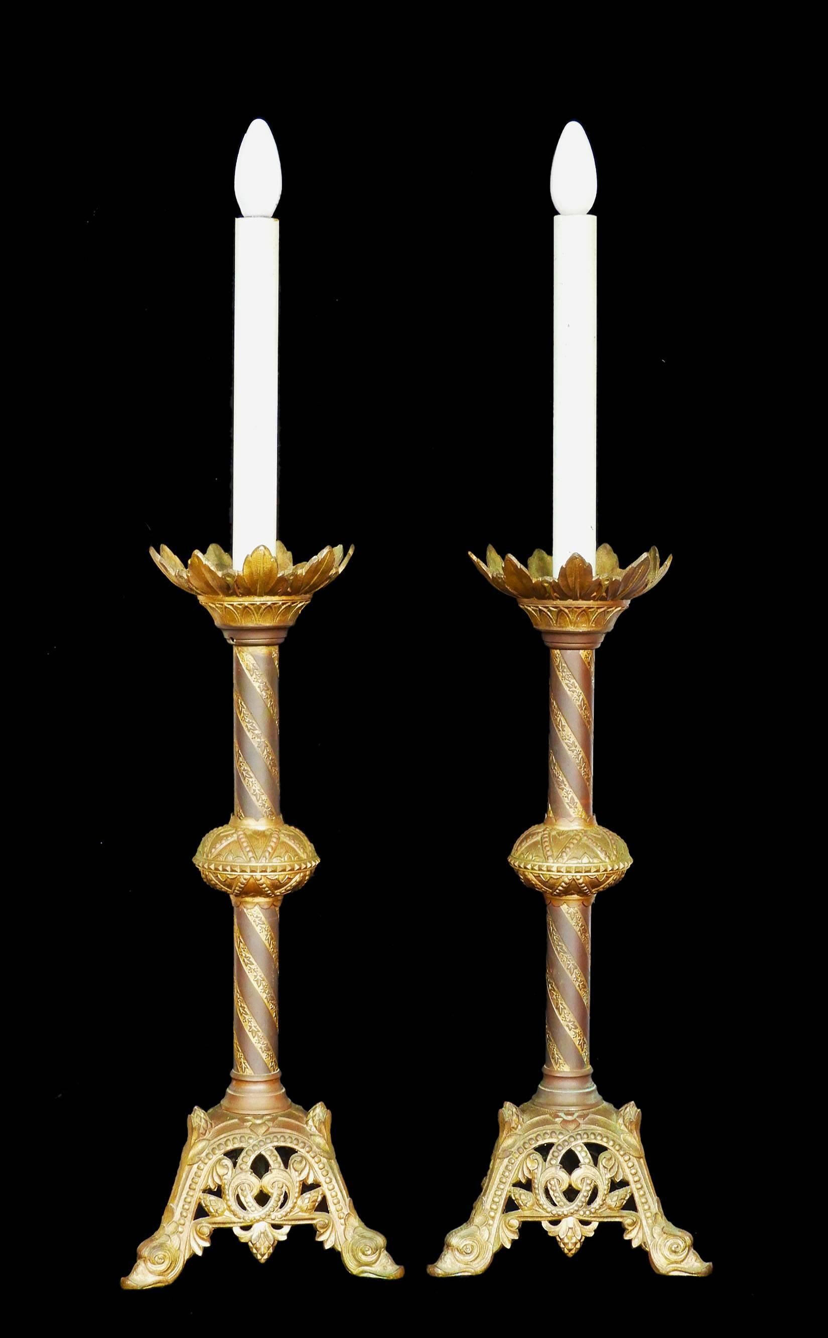 Pair of candlestick lamps French church Gothic Revival
Electrified
Gilded ormolu bronze
Good original antique condition with great patina
These will be rewired and tested to conform to UK & European or USA standards. Or for your country or other