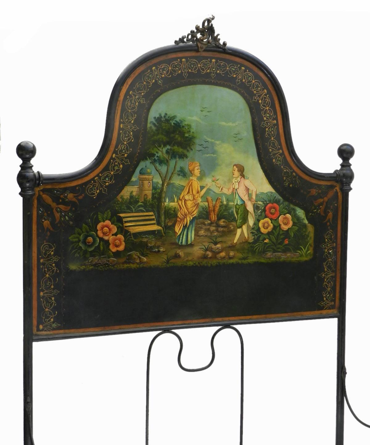 French Antique Bed epoque Napoleon III painted Iron Tole
Inlaid mother-of-pearl 
This bed will take a 4 foot wide mattress resting on wooden slats or box spring divan base, please ask for more info if required
There are bars across the bed for the