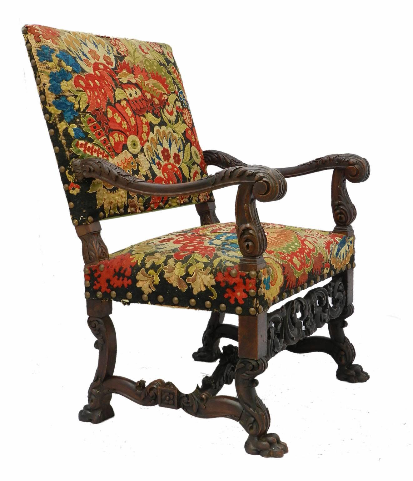 Handsome French Country house open armchair
Carved walnut
Paw feet and acanthus leaves
19th century Gothic Renaissance
Throne, side, desk or hall chair
Original tapestry petit point woolwork which is surprisingly modern in design! now slightly